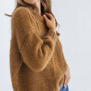 Camel brown mohair knitted fluffy sweater, taupe alpaca wool blend jumper, caramel fuzzy cable knit pullover, slightly oversized thick pull image 3