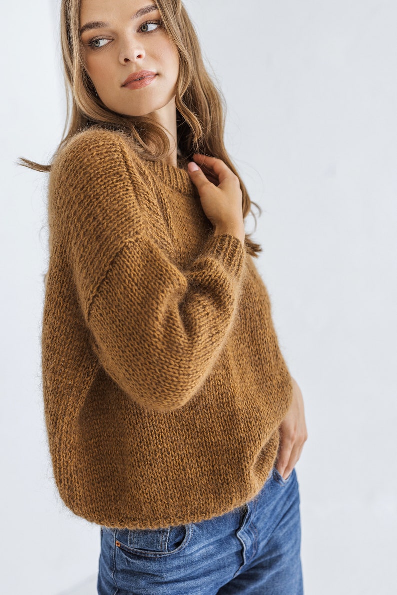 Camel brown mohair knitted fluffy sweater, taupe alpaca wool blend jumper, caramel fuzzy cable knit pullover, slightly oversized thick pull image 3