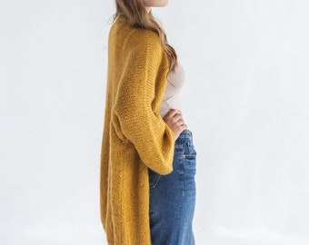 Mustard Yellow Kimono Mohair Cardigan, Long Fluffy