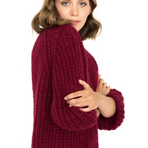 Burgundy color mohair cardigan, cable knit alpaca sweater, chunky knit alpaca cardigan, oversize mohair wool sweater, gift for women image 5