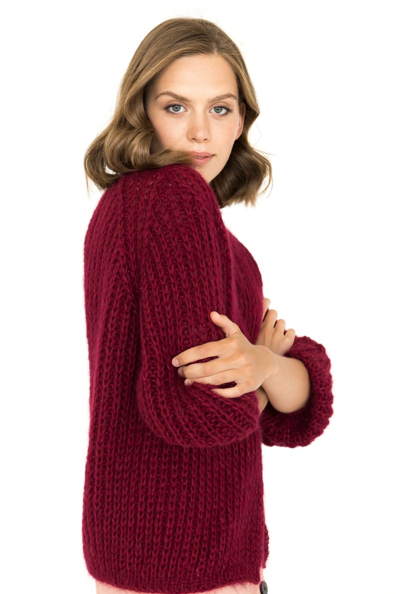 Burgundy color mohair cardigan, cable knit alpaca sweater, chunky knit alpaca cardigan, oversize mohair wool sweater, gift for women image 5