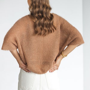 Camel brown knitted oversized mohair top, taupe almond cable knit women jumper, beige fluffy half sleeve sweater, sand lightweight blouse