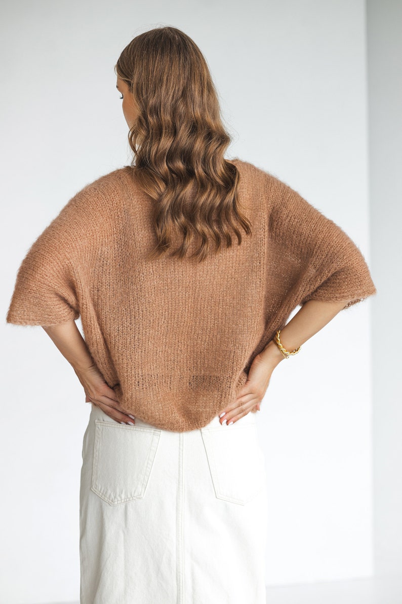 Camel brown knitted oversized mohair top, taupe almond cable knit women jumper, beige fluffy half sleeve sweater, sand lightweight blouse