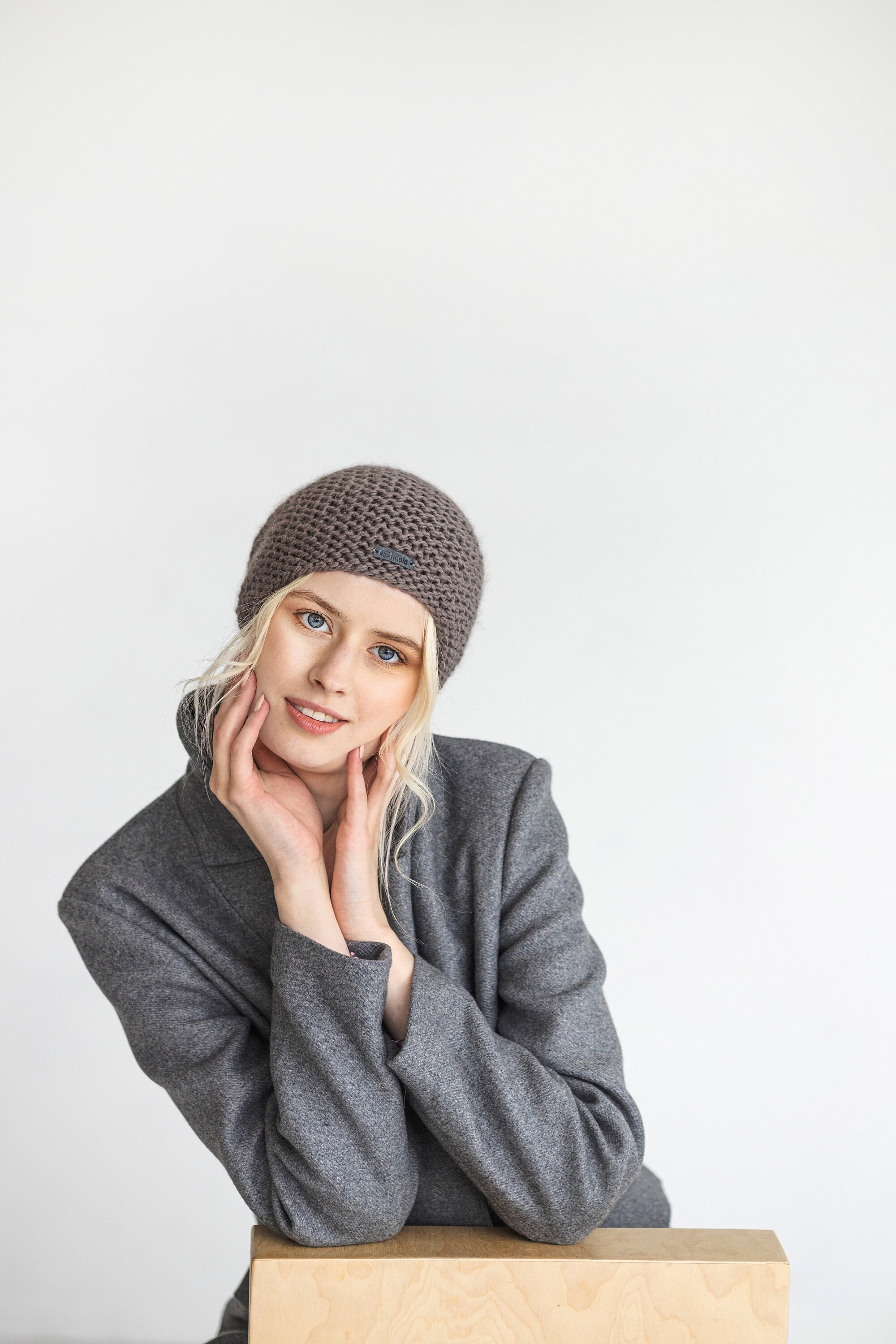 Alpaca Slouchy Knit Beanie Hat - Taupe fleece lined Brown Taupe Cable Knit Alpaca Wool Slouchy Beanie, Mocha  main image 4