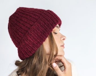 Bordeaux ribbed alpaca beanie, burgundy wine color women knitted hat, maroon winter cable knit wool beanie, fisherman unisex skull cap, gift