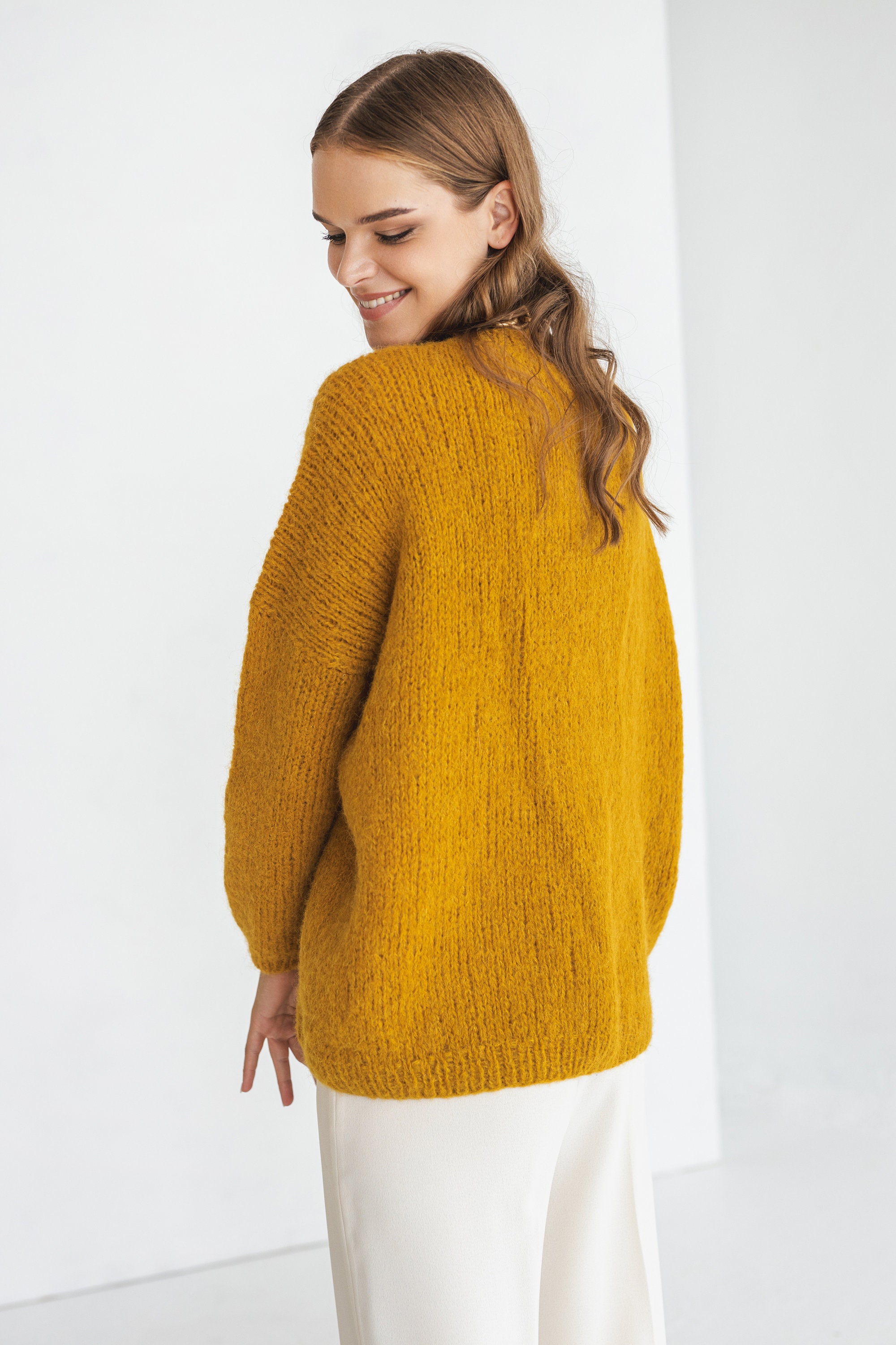 Mustard Yellow Alpaca Wool Cardigan With Buttons, Curry Cable Knit 