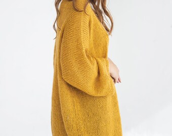 Mustard Yellow Kimono Mohair Cardigan, Long Fluffy