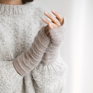 Gray mohair fingerless gloves, grey cable knit mittens, dark gray hand warmers, alpaca wool fingerless winter wrist warmers, long mittens image 3