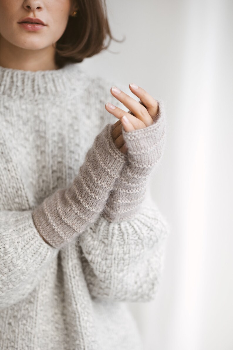 Gray mohair fingerless gloves, grey cable knit mittens, dark gray hand warmers, alpaca wool fingerless winter wrist warmers, long mittens image 3