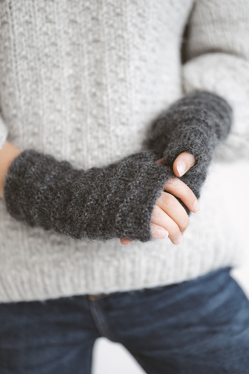 Gray mohair fingerless gloves, grey cable knit mittens, dark gray hand warmers, alpaca wool fingerless winter wrist warmers, long mittens image 1