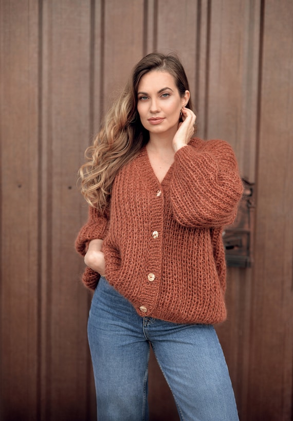 lichte oversized chunky trui met vlechten trui handgemaakt Kleding Dameskleding Sweaters Pullovers Olijfgroene mohair alpaca mix trui dames 