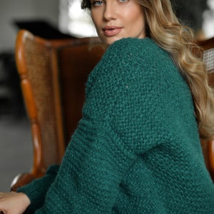 Green alpaca wool cable knit cardigan with buttons, chunky knitted oversized sweater with balloon sleeves, jacket for women