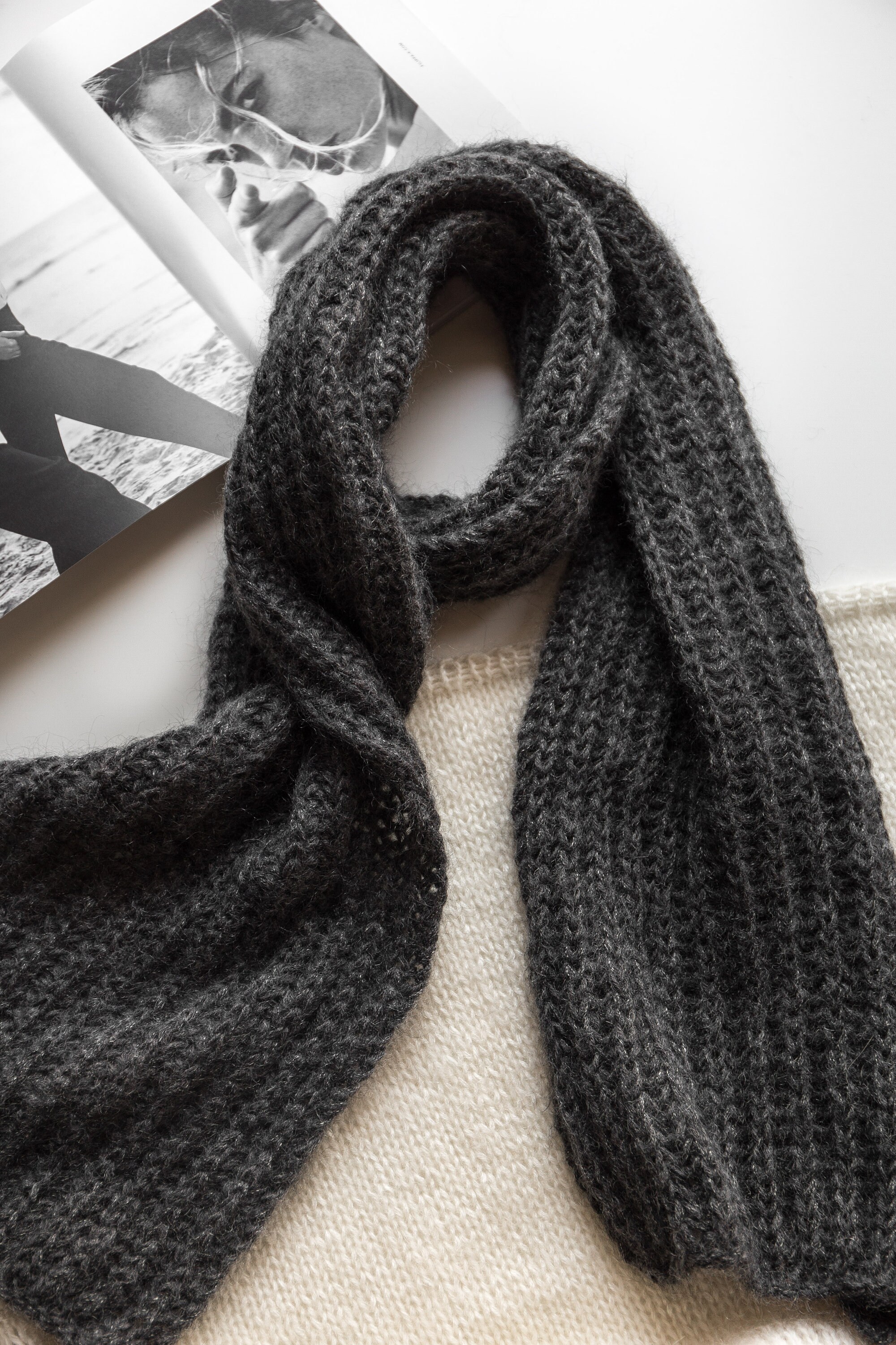 Gray Cable Knit Mohair Scarf, Long Oversized Alpaca Scarf