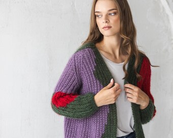 Cardigan vert en mohair, pull torsadé en laine d'alpaga mélangée, bombardier aviateur duveteux violet surdimensionné, cardigan en maille épaisse rouge duveteux, minimaliste