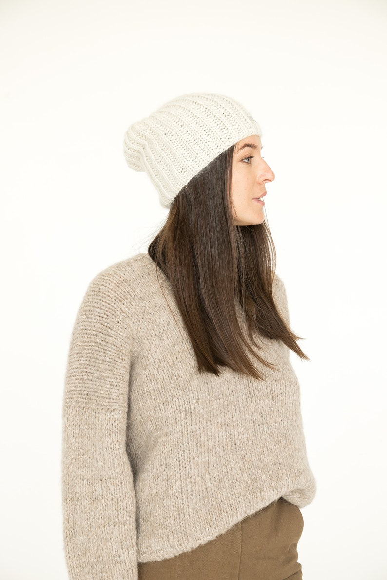 White mohair hat, cable knit hat, slouchy beanie, womens mohair hat, winter hat, gift for her, ready to ship, gift for women, christmas gift image 1
