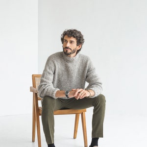 Chunky knit light gray alpaca wool sweater for men, grey cable knitted men's jumper, handmade thick winter minimalist pullover, gift for man