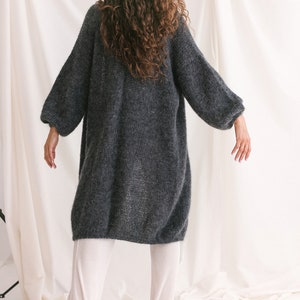 Long Dark Gray Mohair Cardigan, Chunky knit, Oversized Alpaca Wool Sweater, Fuzzy Boho Cardigan, Fluffy Grey Woman Jacket, Balloon Sleeves image 7