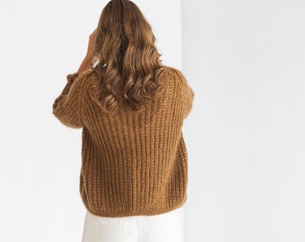 Camel Mohair Cardigan, Brown Chunky Knit Alpaca Wool Blend Sweater