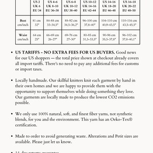 May include: Size chart for women's body measurements, including bust and waist measurements in inches and centimeters. Sizes range from XS to XXL, with corresponding US, UK, and EU sizes. Additional details on tariffs, handmade quality, and returns are also included.
