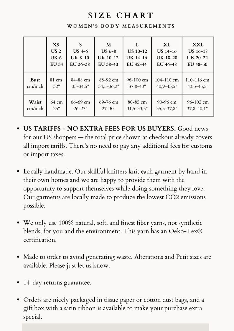 May include: Size chart for women's body measurements, including bust and waist measurements in inches and centimeters. Sizes range from XS to XXL, with corresponding US, UK, and EU sizes. Additional details on tariffs, handmade quality, and returns are also included.