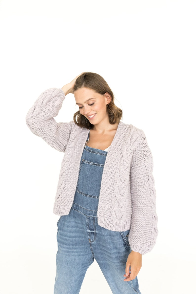 Light purple calbe knit cardigan, chunky knit cardigan, oversized alpaca and wool sweater. image 3