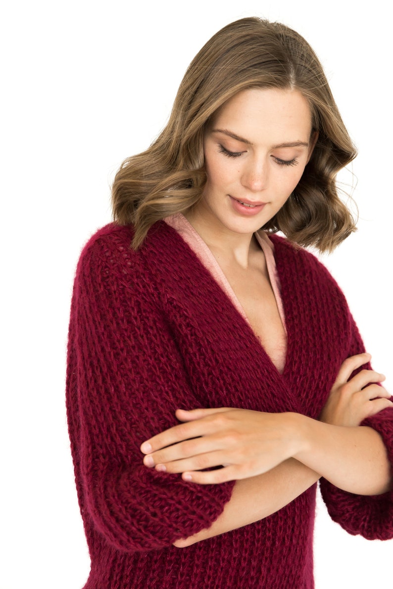 Burgundy color mohair cardigan, cable knit alpaca sweater, chunky knit alpaca cardigan, oversize mohair wool sweater, gift for women image 3