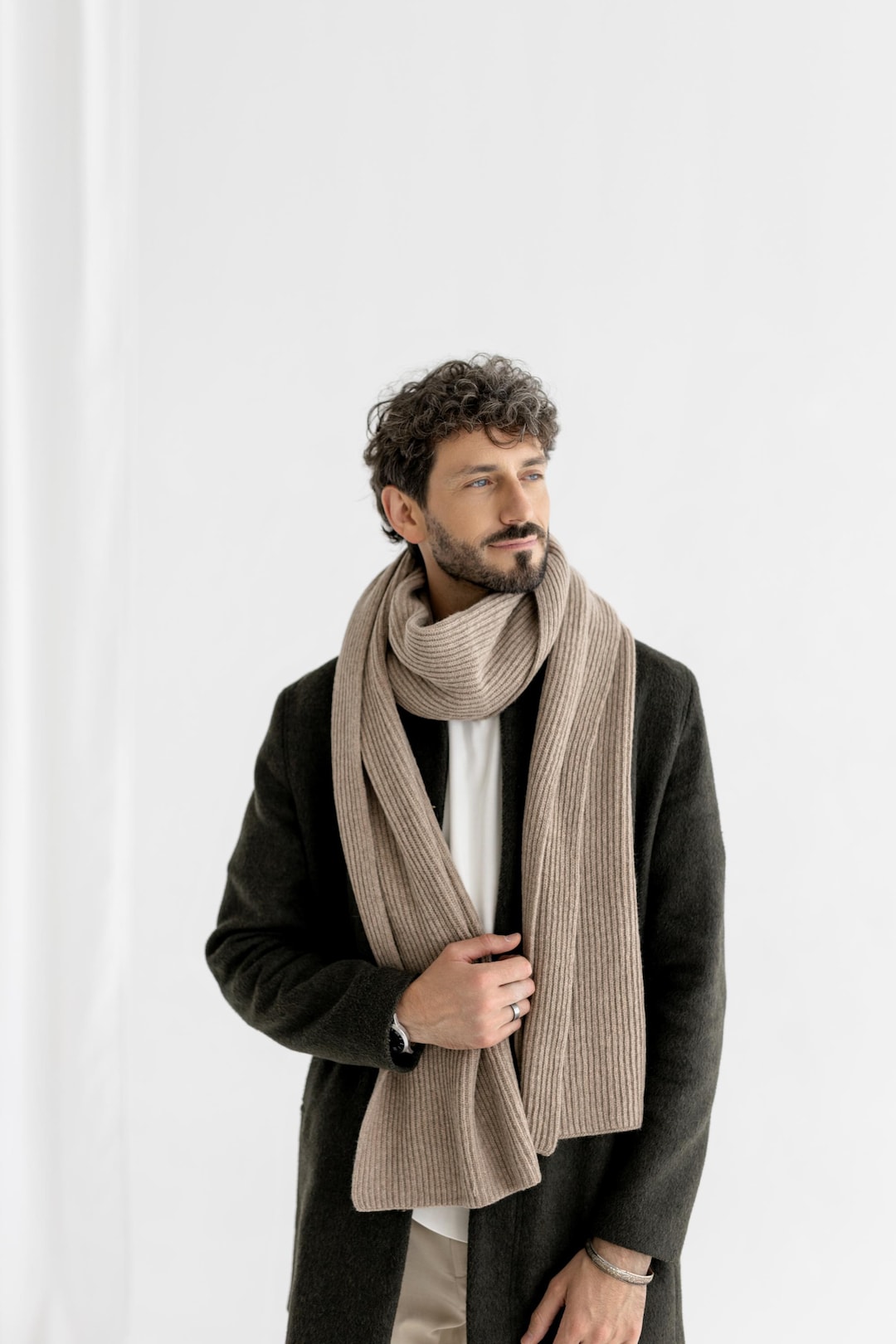 Beige XXL Extra Long Ribbed Knit Merino Wool Winter Scarf for Man ...