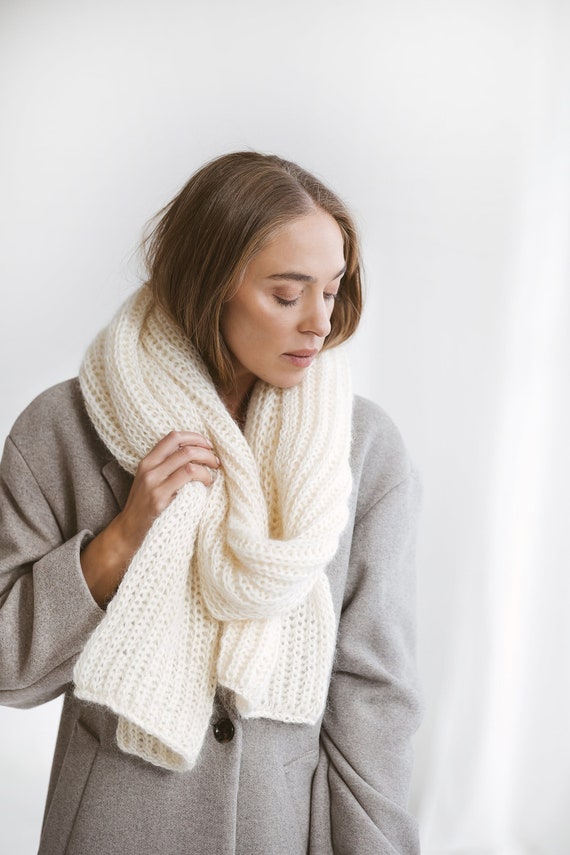 Ribbed Knit White Mohair Scarf Long Milky Cable Knit Oversize Alpaca Wool Scarf Women Fuzzy Knitted Shawl Unisex Winer Wrap Gift for Her Etsy