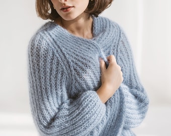 Light Blue Cable Knit Mohair Cardigan, Oversized Sky Blue