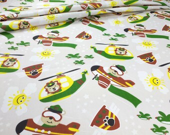 100% Cotton Fabric Lions Airplanes Green 0.5Mb