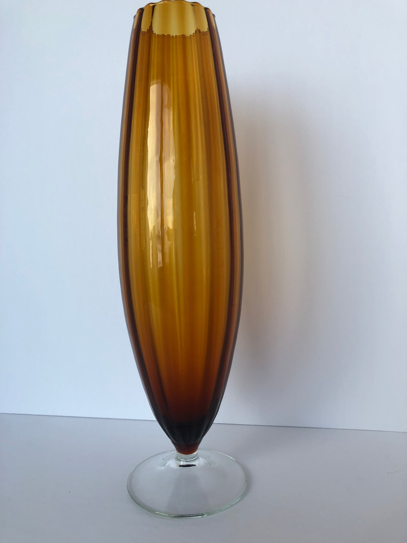 Elegant Vintage Tall Brown Fluted Glass Vase with Clear Foot. Etsy