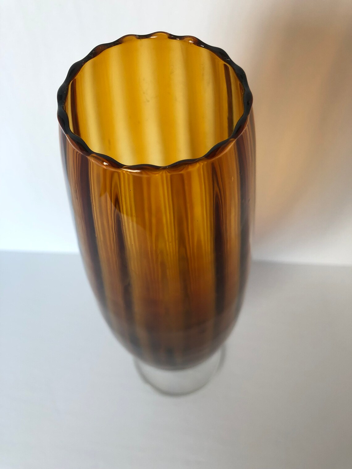 Elegant Vintage Tall Brown Fluted Glass Vase with Clear Foot. Etsy