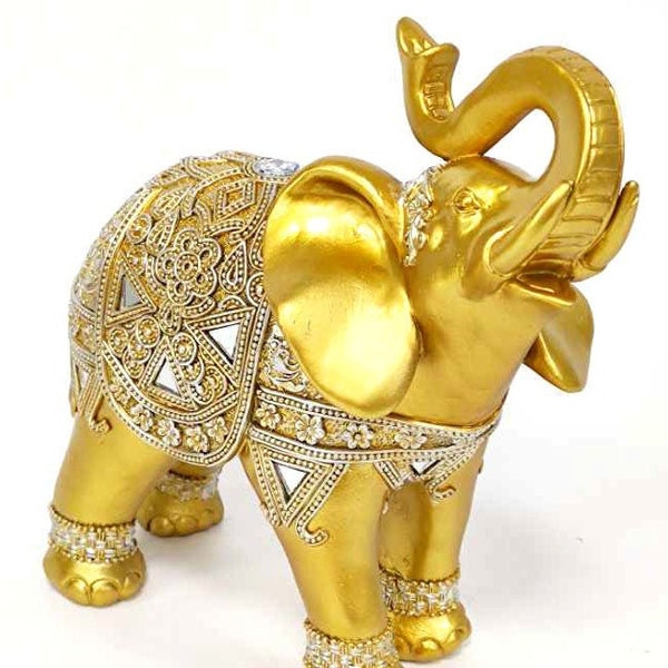 9"(H) Gold Elephant Statue Trunk Facing Upwards Collectible Wealth Lucky Elephant Figurine Home Decor| Elephant Decor | Valentines Day Gift