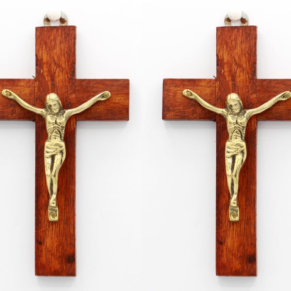 1 set of 2pcs, 6 Inch Handmade Wood and Brass Jesus Christ Crucifix cross.