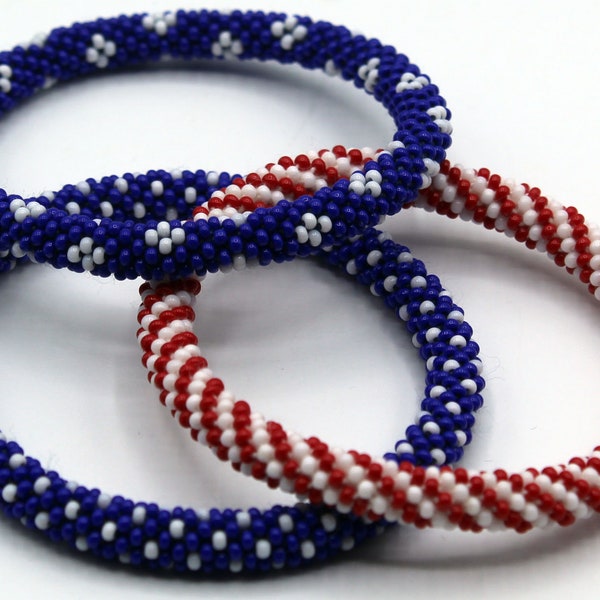 American Flag Style Stacked Bracelets Nepal Glass Bead Bracelet Seed Bead Bracelet Crochet Beaded Bracelets Yoga Boho Hippie Style Bracelet