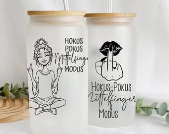 Funny drinking glass with bamboo lid & glass straw | Hocus Pocus Middle Finger Mode Glass | Gift for friends, humor mug