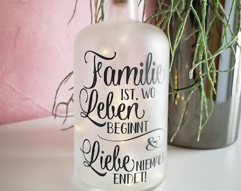 Dekoflasche mit Beleuchtung Familie Leben Liebe beginnt LED Leuchte Leuchtflasche Bottlelight Lichterkette Geschenk Flaschenlicht