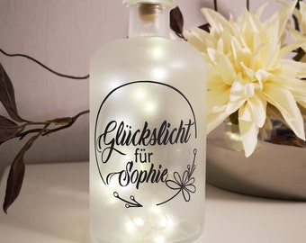 Dekoflasche mit Beleuchtung - Glückslicht mit Namen LED Lampe Bottlelight Flaschenlicht Hochzeit Geschenk Partylicht Valentinstag