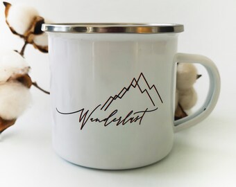 Enamel cup Wanderlust mountains in white or pink | Gift birthday | Vacation wanderlust | Enamel mug | Camping Adventure