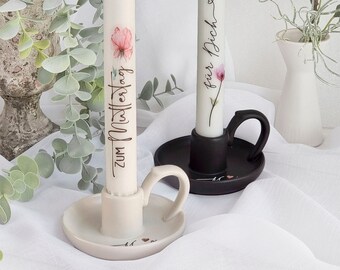 Ceramic candlestick with handle white or black and candle | Mom heart rose gold | Mother's Day gift | Candle holder set