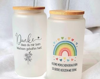 Gift for educators, teachers, midwives | Thank you drinking glass, glass mug with lid | Big hearts | Helped grow | Farewell gift