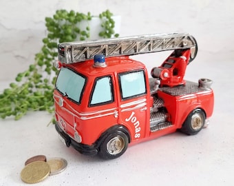Money box fire brigade car red turntable ladder | Money box with name Geldgeschenk Feuerwehrverein | creative gift idea everyday helpers