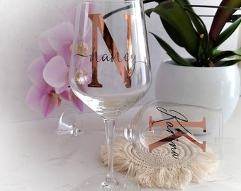 Verre à vin XL avec nom et monogramme or rose - cadeau personnalisé pour petite amie | Cadeau de mariage | anniversaire | JGA