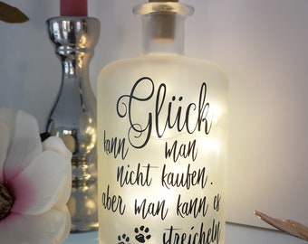 Dekoflasche mit Beleuchtung Glück streicheln LED Leuchte Leuchtflasche Bottlelight Lichterkette Geschenk Flaschenlicht Hund Katze