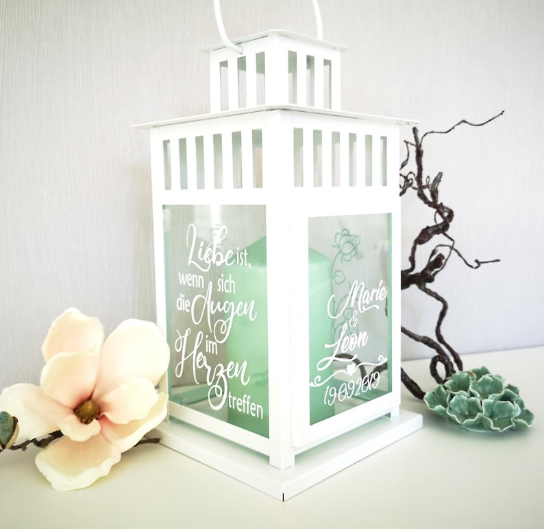 Hochzeitsgeschenk Laterne mit Motiv Rose und Spruch 28x15x15cm personalisiertes Geschenk Windlicht Valentinstag Bild 1