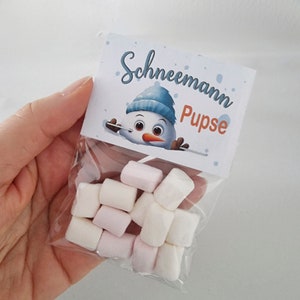 May include: A clear plastic bag filled with small, cylindrical white and light pink marshmallows. The bag is sealed with a white paper topper featuring a cartoon snowman wearing a blue hat and the text "Schneemann Pupse" in blue and orange.