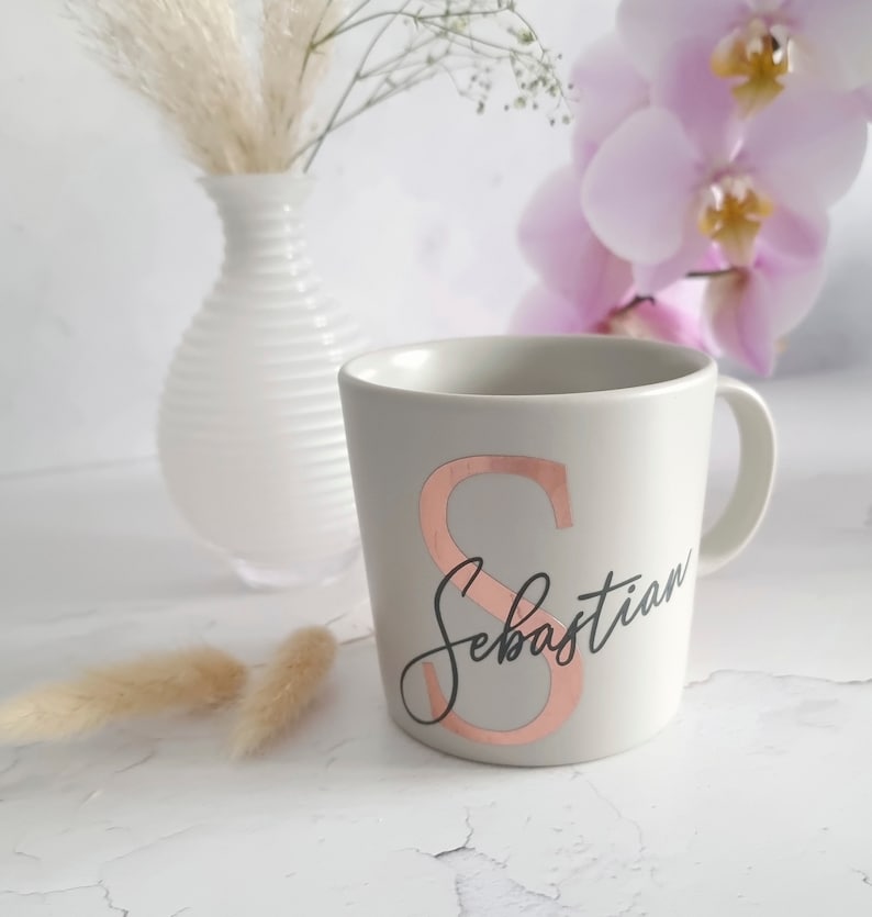 Stoneware ceramic mug with name and monogram vinyl foil personalized gift for girlfriend Mother's Day gift Birthday taupe/beige