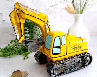 Money box excavator bucket excavator construction machine | Money box with name, cash gift for builders