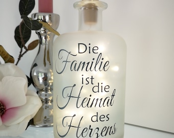 Dekoflasche mit Beleuchtung *Familie Heimat des Herzen * LED Leuchtflasche Bottlelight Lichterkette Geschenk Flaschenlicht Homedeco modern