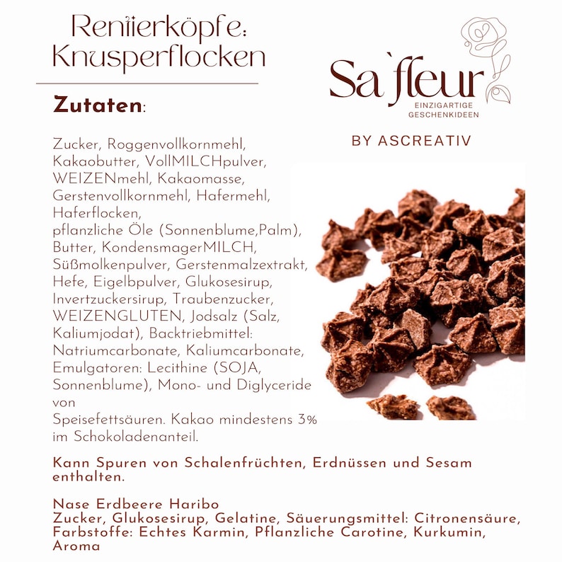 May include: A product label for Rentierek&ouml;pfe Knusperflocken by Sa'fleur, featuring a list of ingredients including sugar, rye flour, cocoa butter, and milk powder, alongside a cluster of small, star-shaped chocolate-covered cereal pieces.